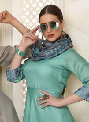 Turquoise embroidered polyester long-kurtis 2