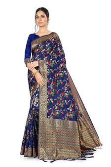 Blue Woven Silk Blend Saree With Blouse
