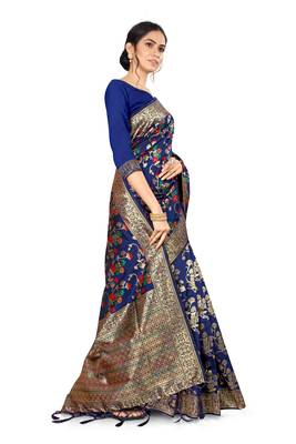 Blue Woven Silk Blend Saree With Blouse 2