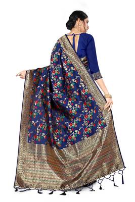 Blue Woven Silk Blend Saree With Blouse 3