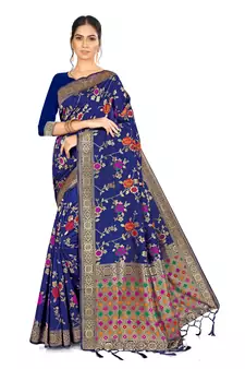 Blue Woven Art Silk  Saree With Blouse