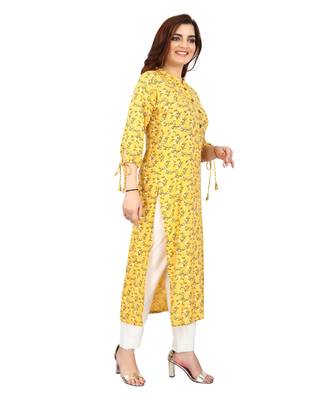 Yellow printed rayon kurtas-and-kurtis 3