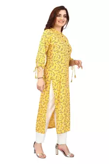Yellow printed rayon kurtas-and-kurtis