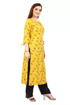 Mustard printed rayon kurtas-and-kurtis