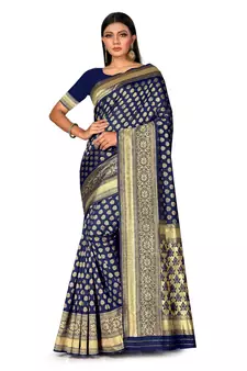 Mehrang Woven Banarasi Silk Blend, Jacquard Saree  (Navy Blue, Gold)