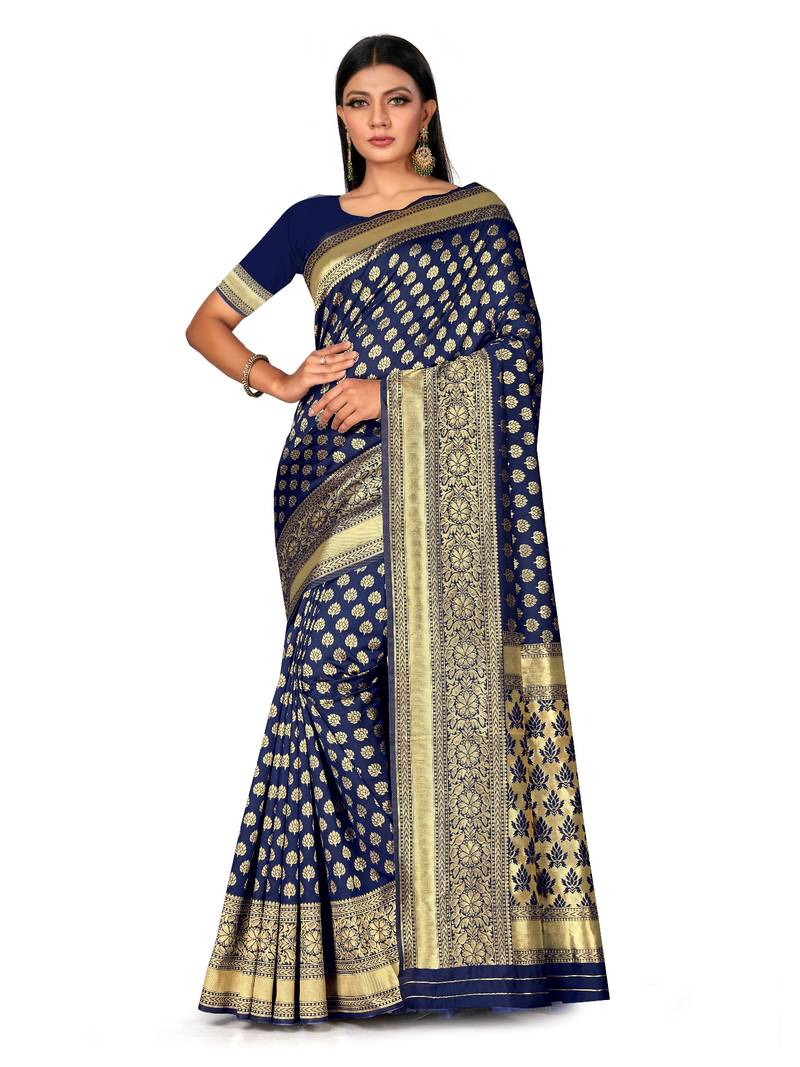 Mehrang Woven Banarasi Silk Blend, Jacquard Saree  (Navy Blue, Gold)