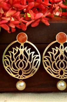 Designer orange stone lotus floral motif danglers-drops stud earrings