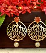 Designer orange stone lotus floral motif danglers-drops stud earrings