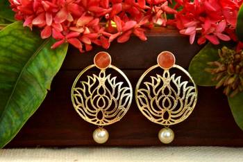Designer orange stone lotus floral motif danglers-drops stud earrings 2