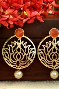 Designer orange stone lotus floral motif danglers-drops stud earrings