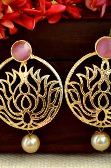 Designer pink stone lotus floral motif danglers-drops stud earrings