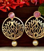 Designer pink stone lotus floral motif danglers-drops stud earrings