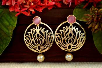 Designer pink stone lotus floral motif danglers-drops stud earrings 2
