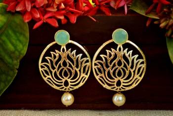 Designer Turquoise Stone Lotus Floral Motif danglers-drops Stud Earrings 1