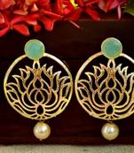Designer Turquoise Stone Lotus Floral Motif danglers-drops Stud Earrings