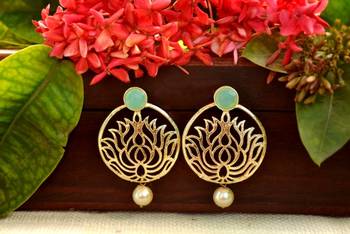 Designer Turquoise Stone Lotus Floral Motif danglers-drops Stud Earrings 2
