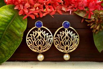 Designer Blue stone lotus floral motif danglers-drops stud earrings 1