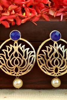 Designer Blue stone lotus floral motif danglers-drops stud earrings