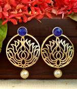 Designer Blue stone lotus floral motif danglers-drops stud earrings