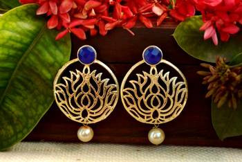 Designer Blue stone lotus floral motif danglers-drops stud earrings 2
