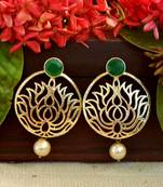 Designer green stone lotus floral motif danglers-drops stud earrings