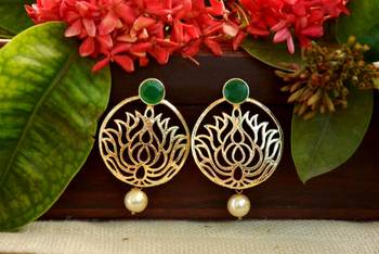 Designer green stone lotus floral motif danglers-drops stud earrings 2