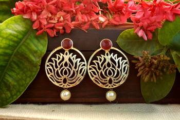 Designer maroon stone lotus floral motif danglers-drops stud earrings 1