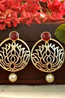 Designer maroon stone lotus floral motif danglers-drops stud earrings
