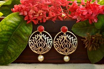 Designer red stone lotus floral motif danglers-drops stud earrings 1