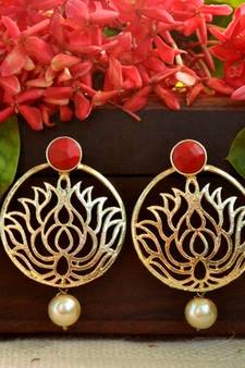 Designer red stone lotus floral motif danglers-drops stud earrings