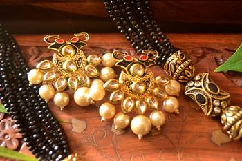Designer Floral Elephant Motif Meenakari Kundan Studed Onyx Stone Multilayer Necklace Set with Earrings 1