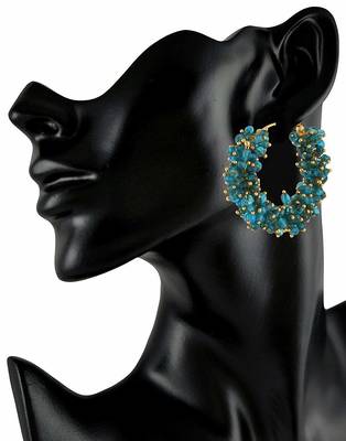 Designer Turquoise bunched pearls hoops dangler earrings 2