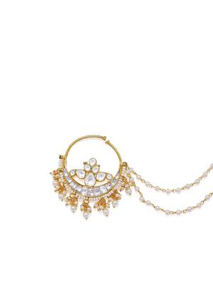 Designer kundan polki pearl stone bridal wedding nose ring indian style nath with pearl line 1