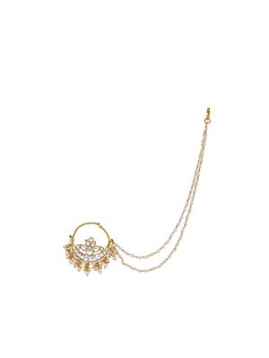 Designer kundan polki pearl stone bridal wedding nose ring indian style nath with pearl line 2