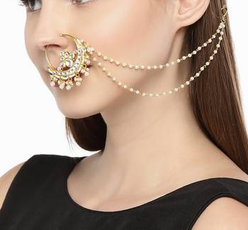 Designer kundan polki pearl stone bridal wedding nose ring indian style nath with pearl line 3