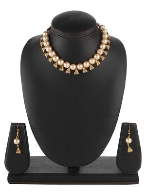 Designer Egyptian Golden Pearl Beaded necklace with matching earrings 2