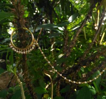 Designer kundan pearl stone bridal wedding nose ring indian style nath with pearl line 1