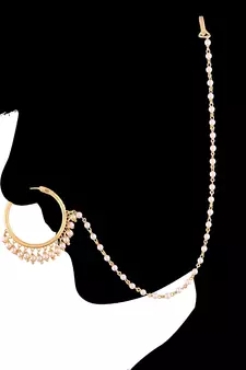 Designer kundan pearl stone bridal wedding nose ring indian style nath with pearl line