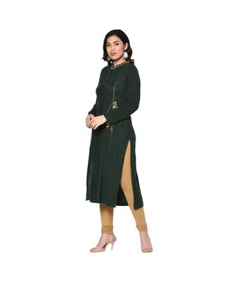 Fabnest women winter acrylic dark green embroidered kurta with bead work 2