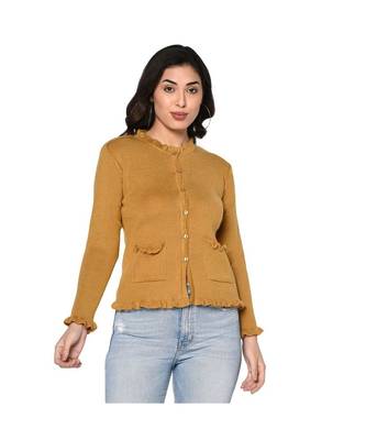 Fabnest women winter acrylic mustard cardigan with pockets and frill detail 1