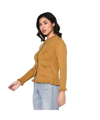 Fabnest women winter acrylic mustard cardigan with pockets and frill detail 2