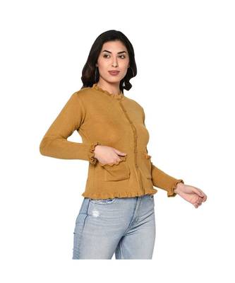 Fabnest women winter acrylic mustard cardigan with pockets and frill detail 3