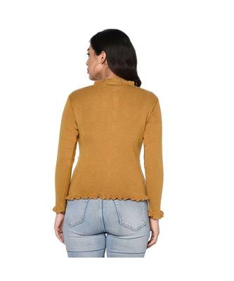 Fabnest women winter acrylic mustard cardigan with pockets and frill detail 4