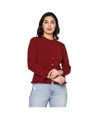 Fabnest women winter acrylic maroon cardigan with pockets and frill detail 1