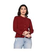 Fabnest women winter acrylic maroon cardigan with pockets and frill detail