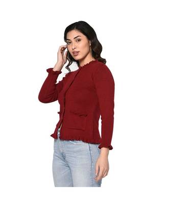 Fabnest women winter acrylic maroon cardigan with pockets and frill detail 2