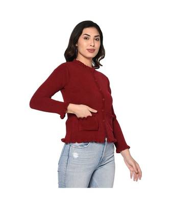 Fabnest women winter acrylic maroon cardigan with pockets and frill detail 3