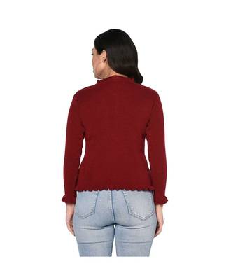 Fabnest women winter acrylic maroon cardigan with pockets and frill detail 4