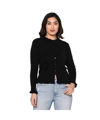 Fabnest women winter acrylic black cardigan with pockets and frill detail 1