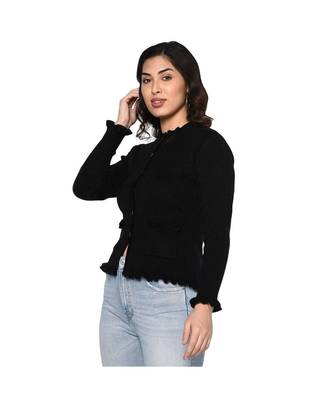 Fabnest women winter acrylic black cardigan with pockets and frill detail 2